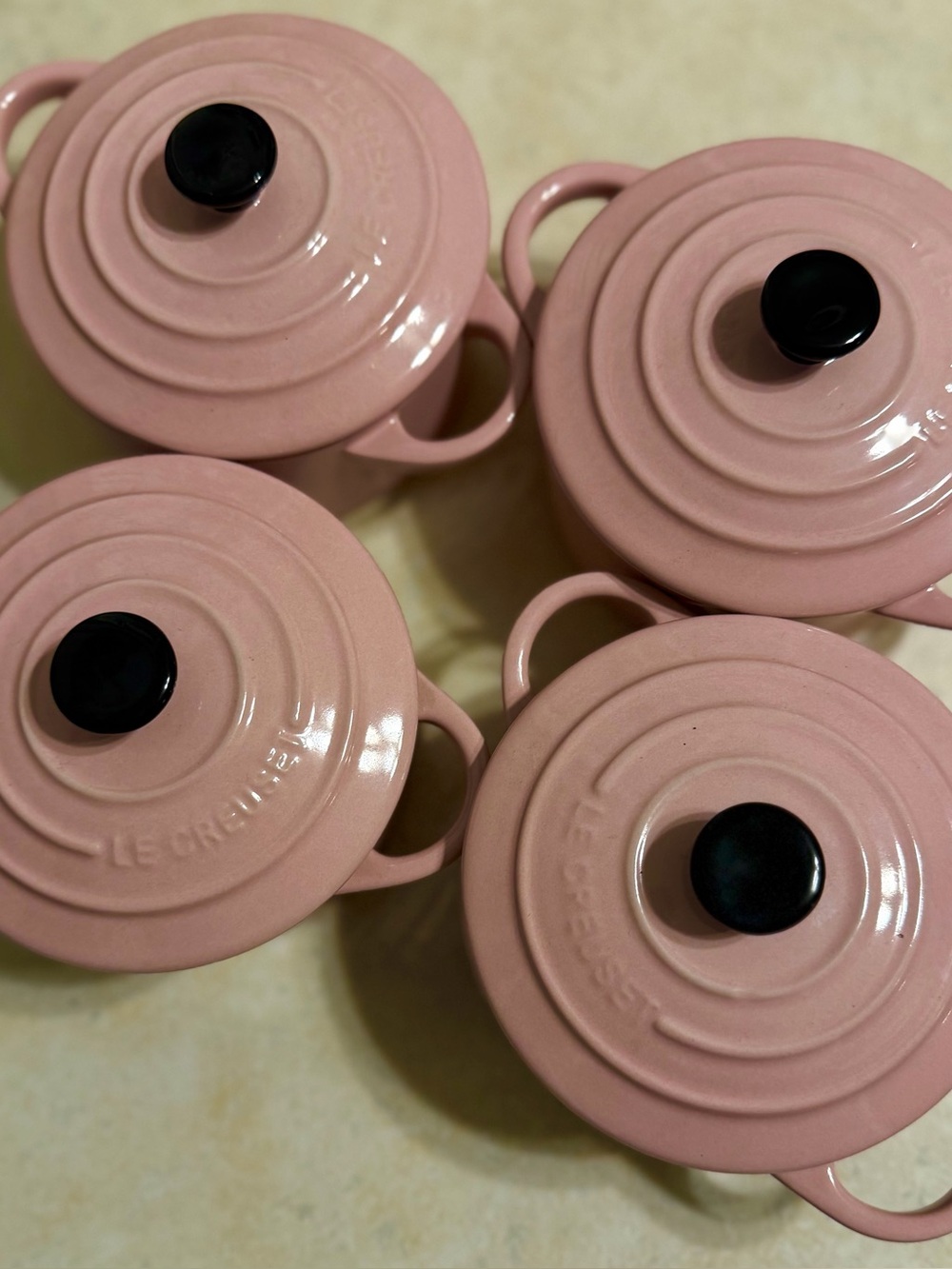 Le Creuset Chiffon Pink Mini Cocotte Set with Black Knobs